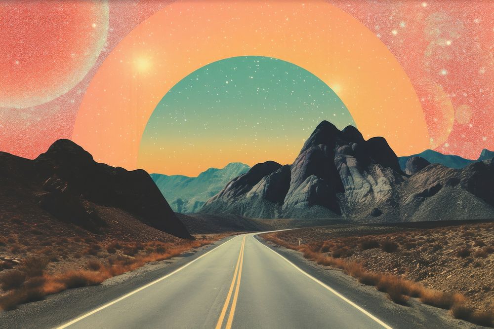 Collage Retro dreamy of highway of california road landscape outdoors nature.