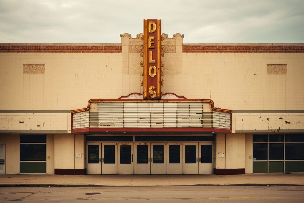 Old movie theater marquee in the 1970s architecture building entrance.