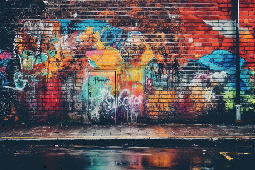 Vibrant colors spray chaos street brick graffiti.