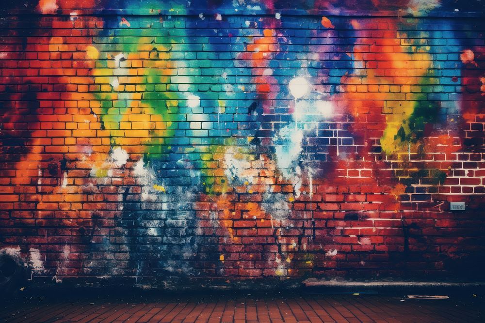 Vibrant colors spray chaos brick wall architecture.