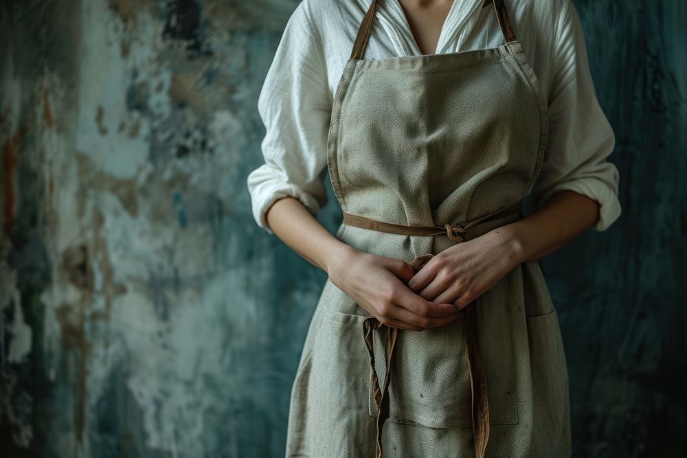 Woman wearing apron sleeve architecture midsection.