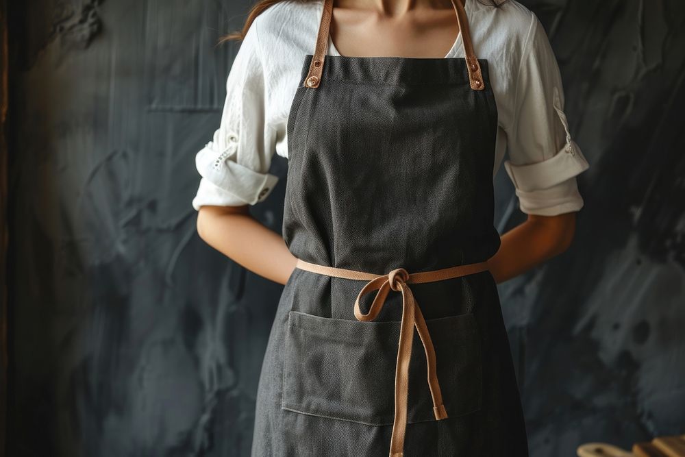 Woman wearing apron midsection standing clothing.