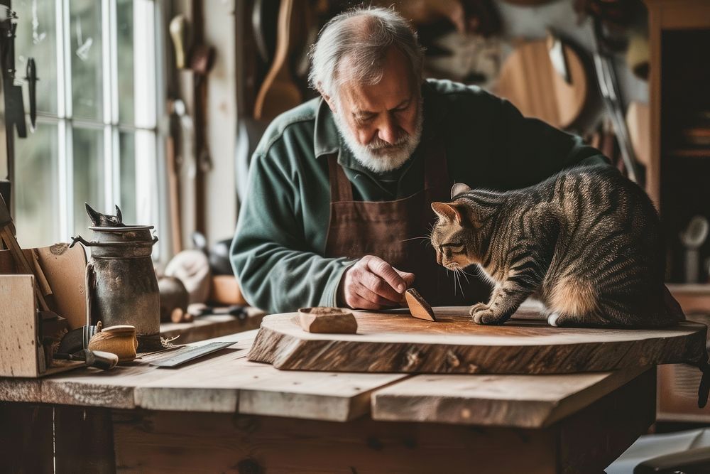 Men and cat make woodcraft mammal pet concentration.
