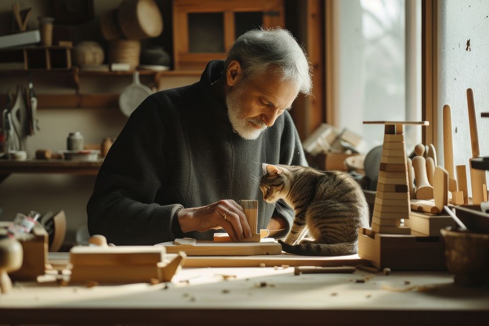 Men and cat make woodcraft adult concentration craftsperson.
