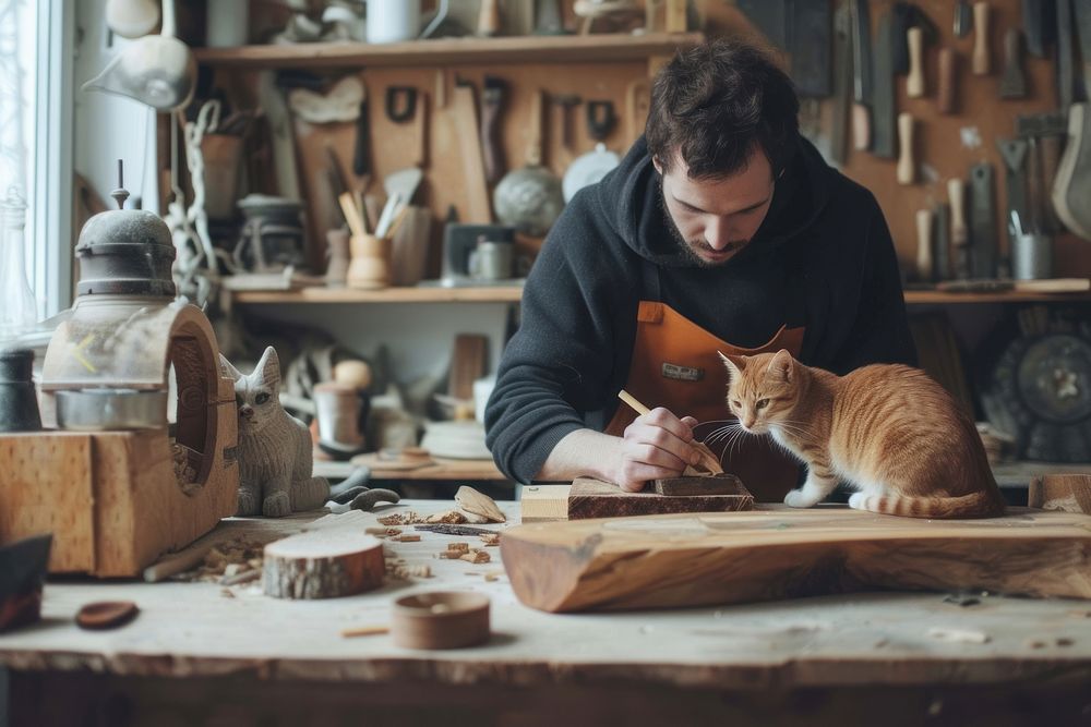 Men and cat make woodcraft concentration craftsperson woodworking.