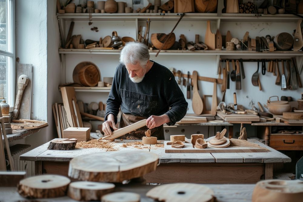 Men make woodcraft adult concentration craftsperson.
