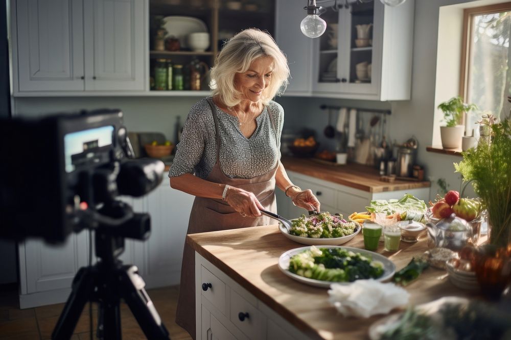 Camera recoding woman cooking kitchen tripod adult.