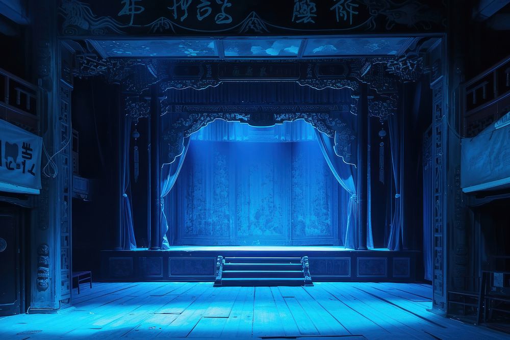 Chinese opera stage blue architecture illuminated.