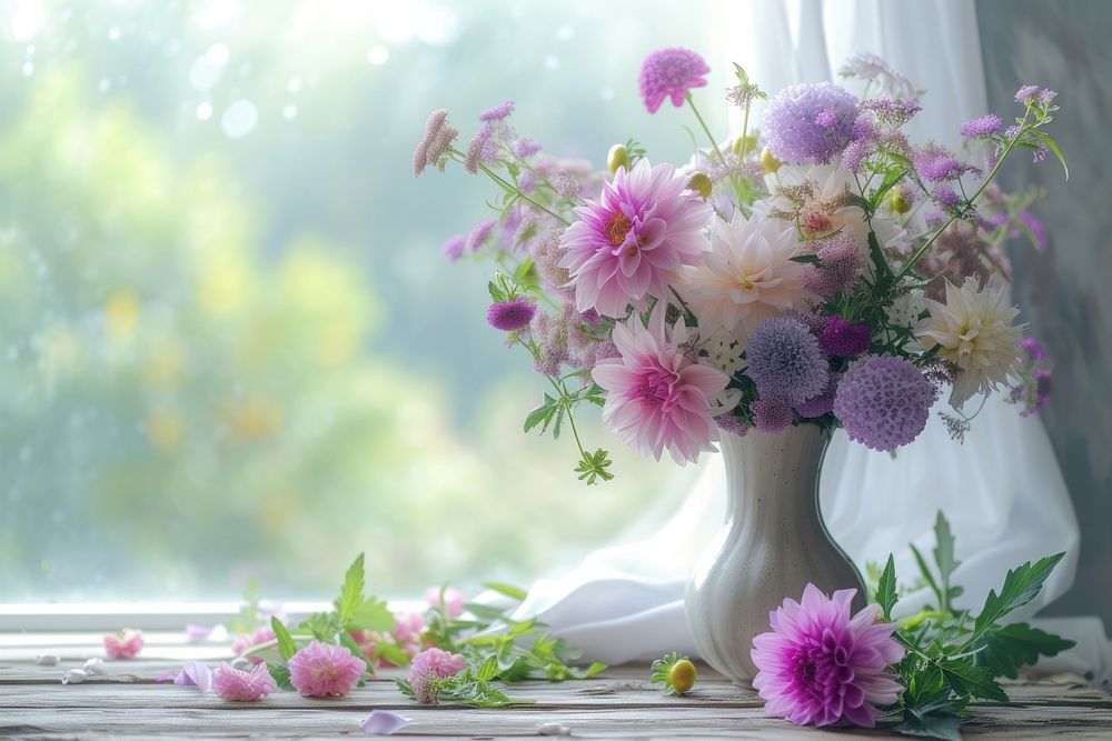 Flowers in a vase decoration windowsill blossom.