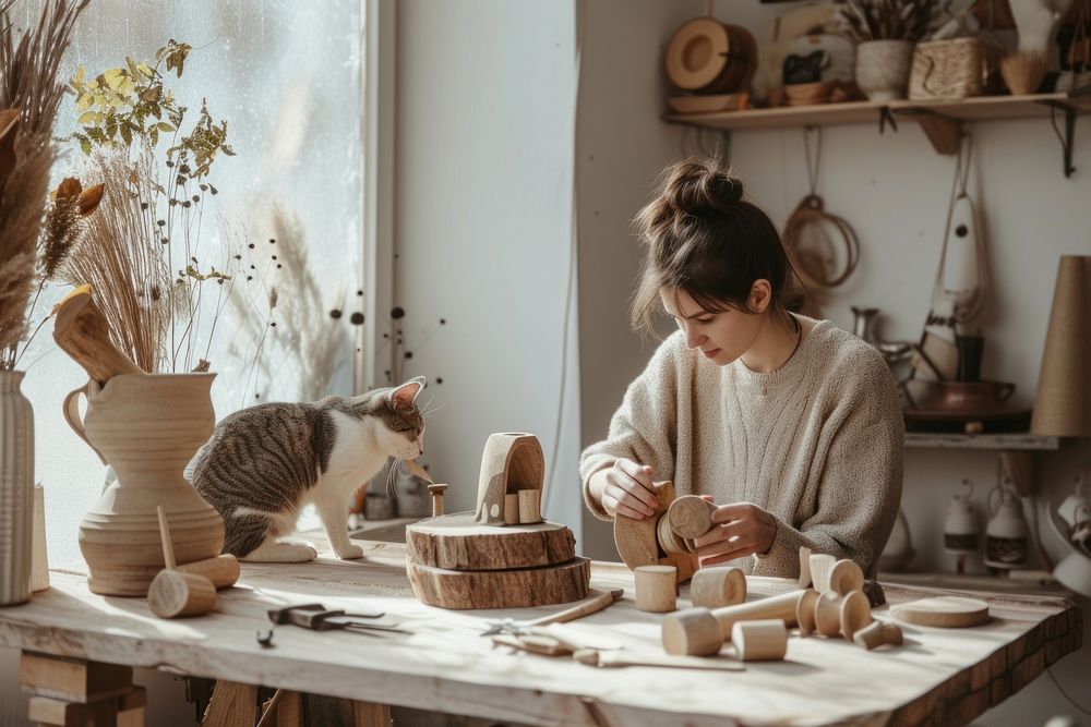 Girl and cat make woodcraft craftsperson woodworking creativity.