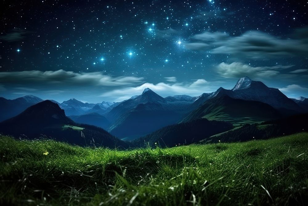 Photo of a grass land night sky landscape.