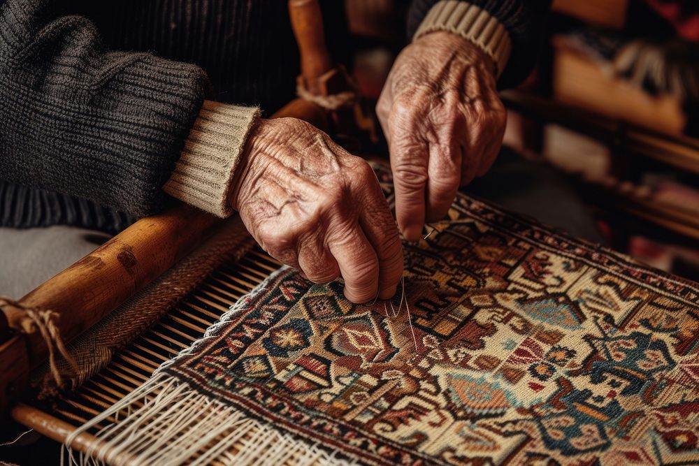 Senior man weaving pattern hand art.