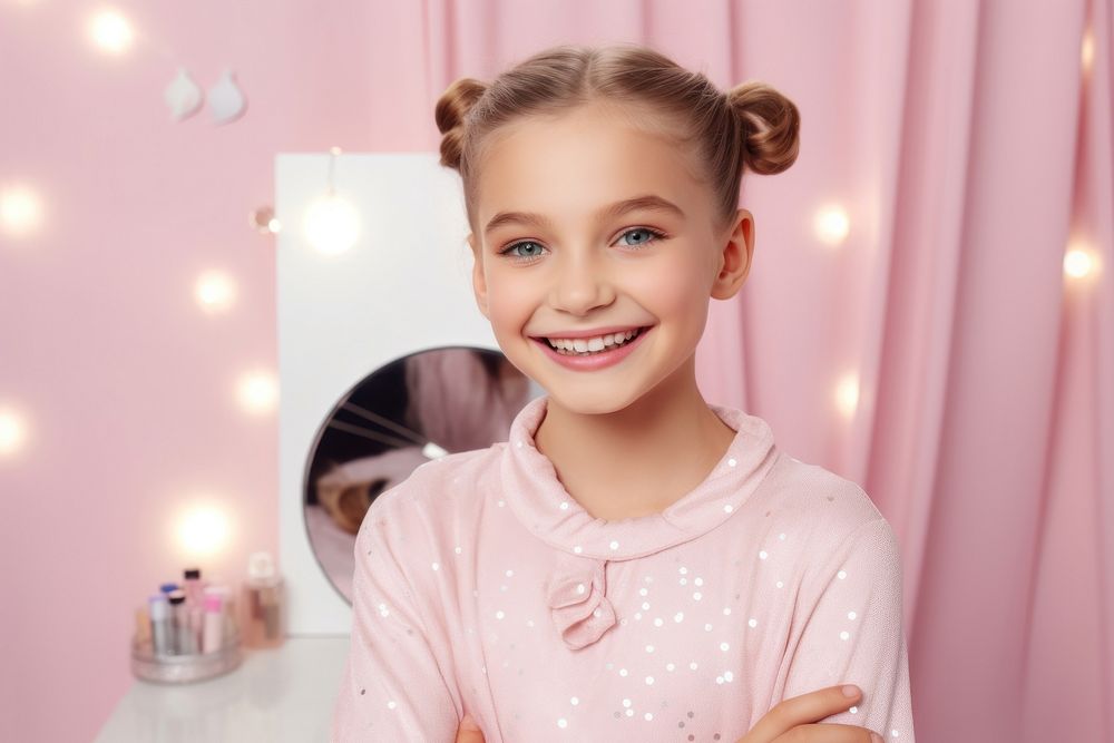 Kid girl makeup broadcasting child smile happiness.