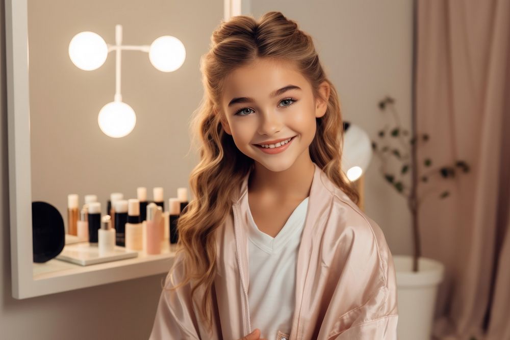 Kid girl makeup broadcasting adult perfection hairstyle.