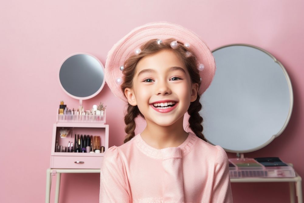 Kid girl makeup broadcasting cosmetics child smile.