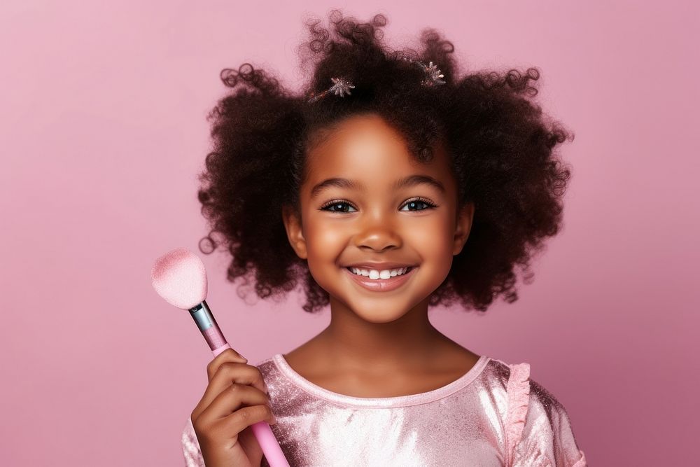 Kid girl makeup broadcasting brush child smile.