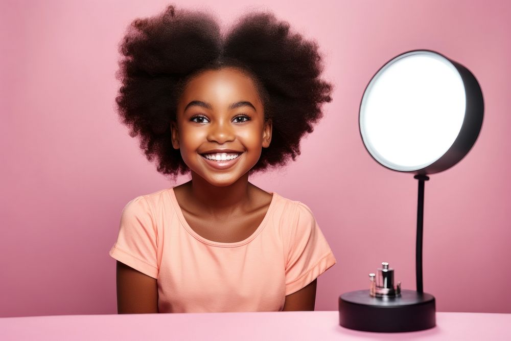 Kid girl makeup broadcasting mirror smile photo.