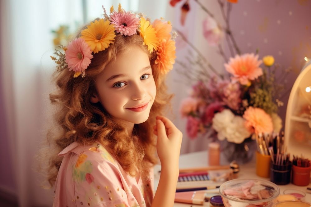 Kid girl makeup routine portrait flower plant.
