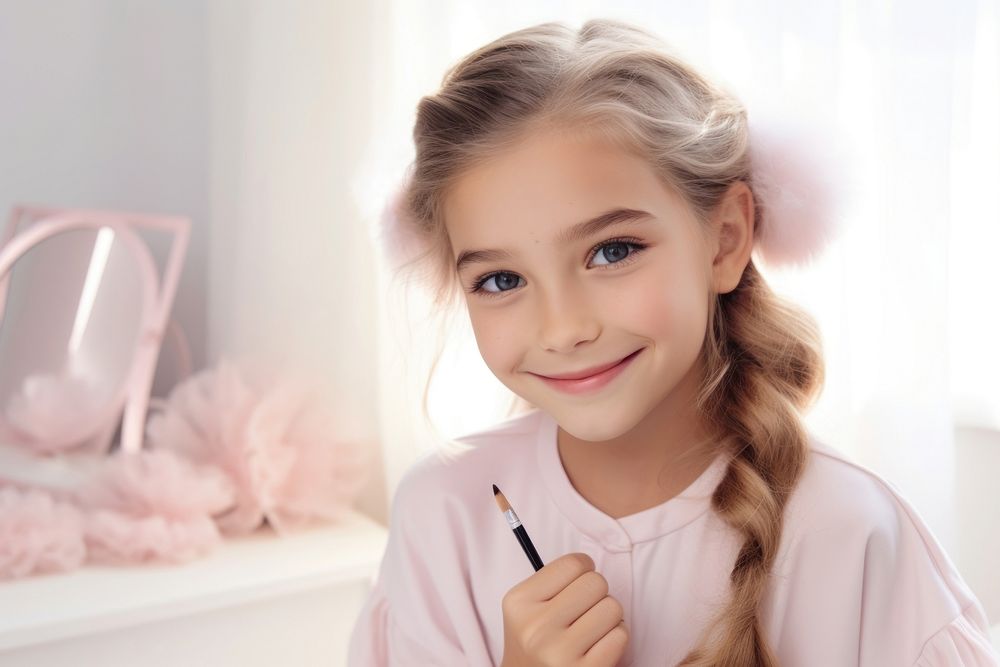 Kid girl makeup routine perfection hairstyle happiness.