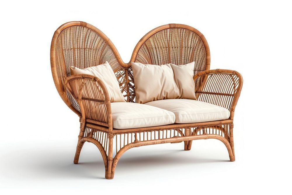 Stylish rattan furniture armchair cushion white background.