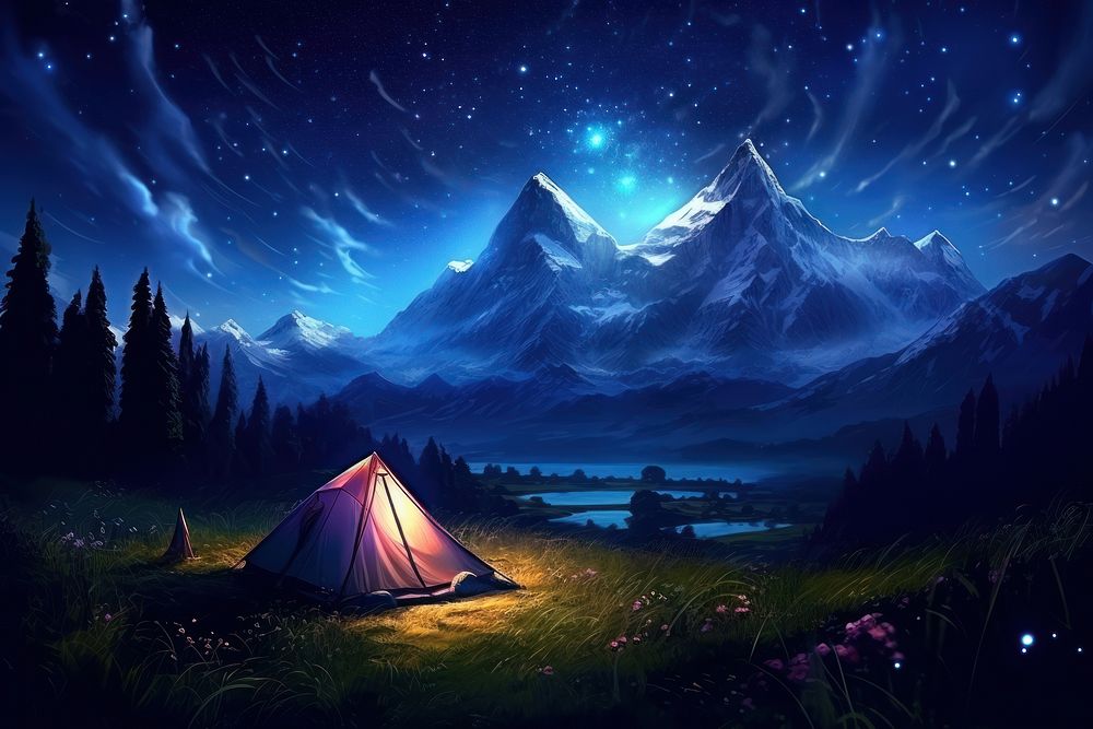 Photo of a tent night landscape outdoors.