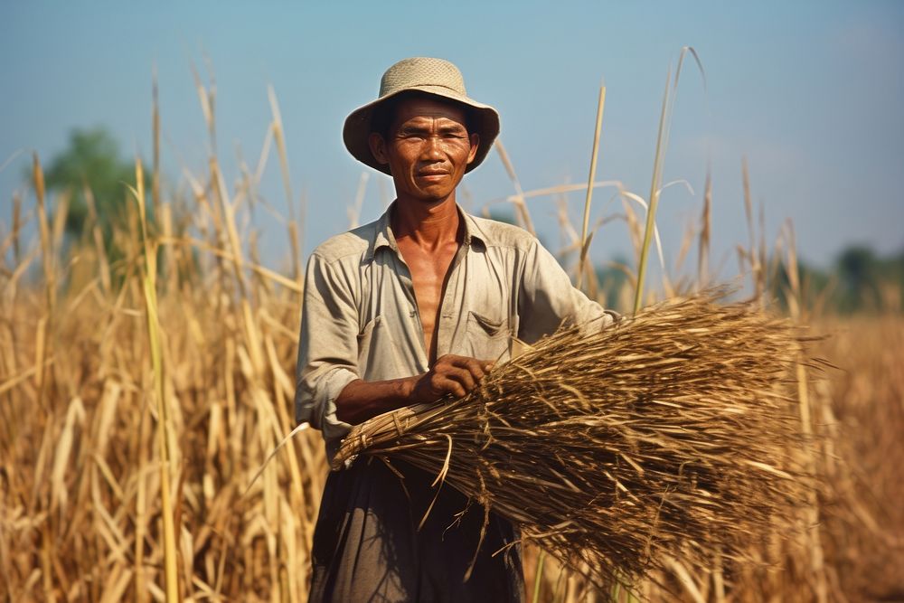 Thai man harvest field outdoors.