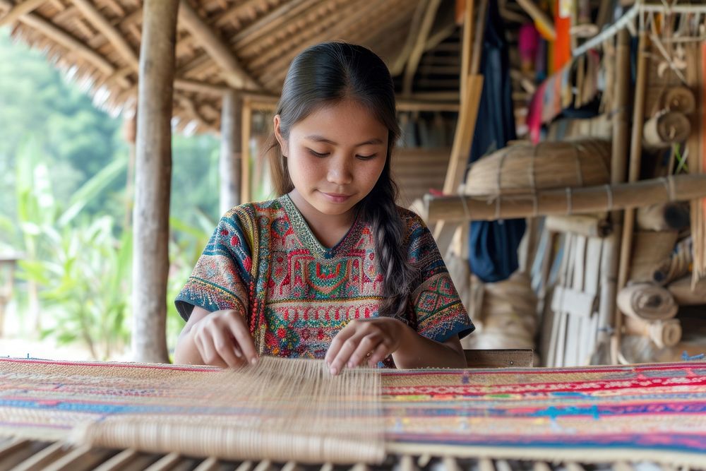 Girl is weaving the mat concentration creativity tradition.