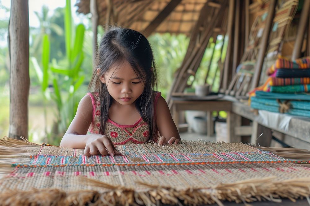 Weaving the mat child girl concentration.