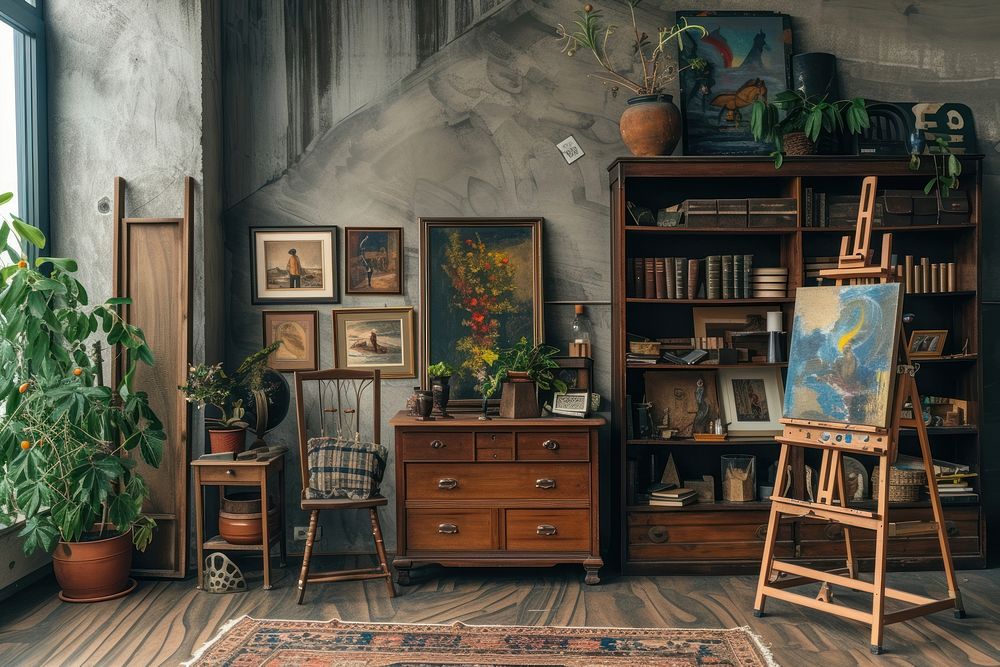 Artist workspace interior painting accessories furniture.