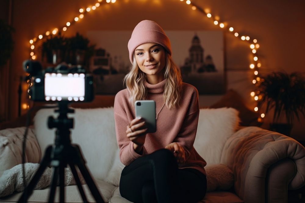 Woman influencer vlogging sitting adult photo.