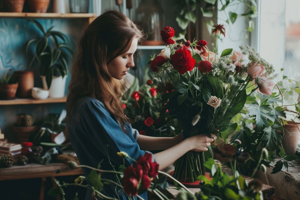 Women make flower arrangement plant concentration entrepreneur.