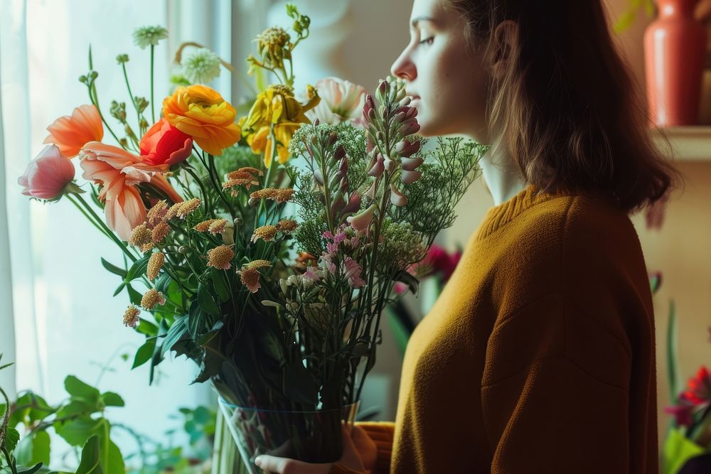 Women make flower arrangement plant adult contemplation.