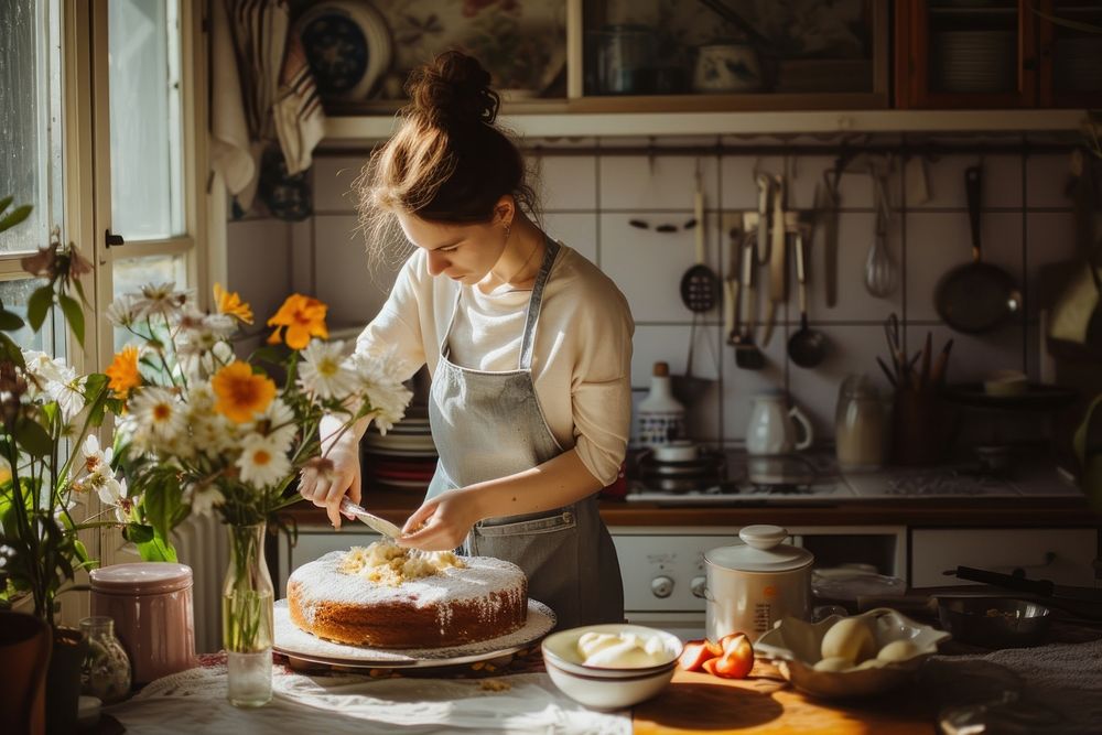 Women bake cake dessert adult home.