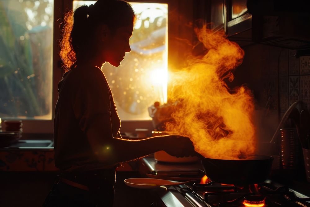 Women cooking kitchen adult fire.