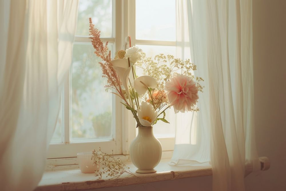 Women flower arrangement windowsill plant home.