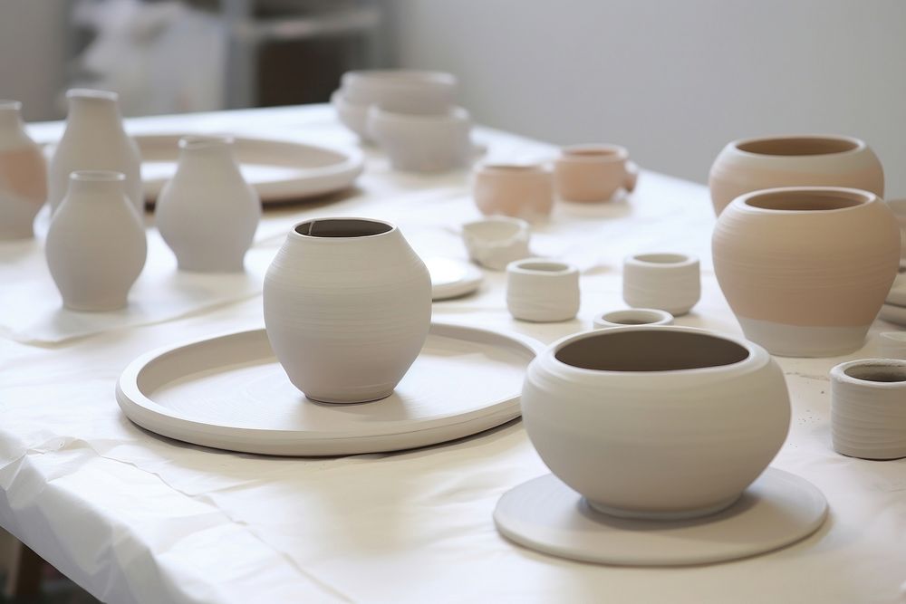 Women workshop a painting ceramics porcelain pottery table.