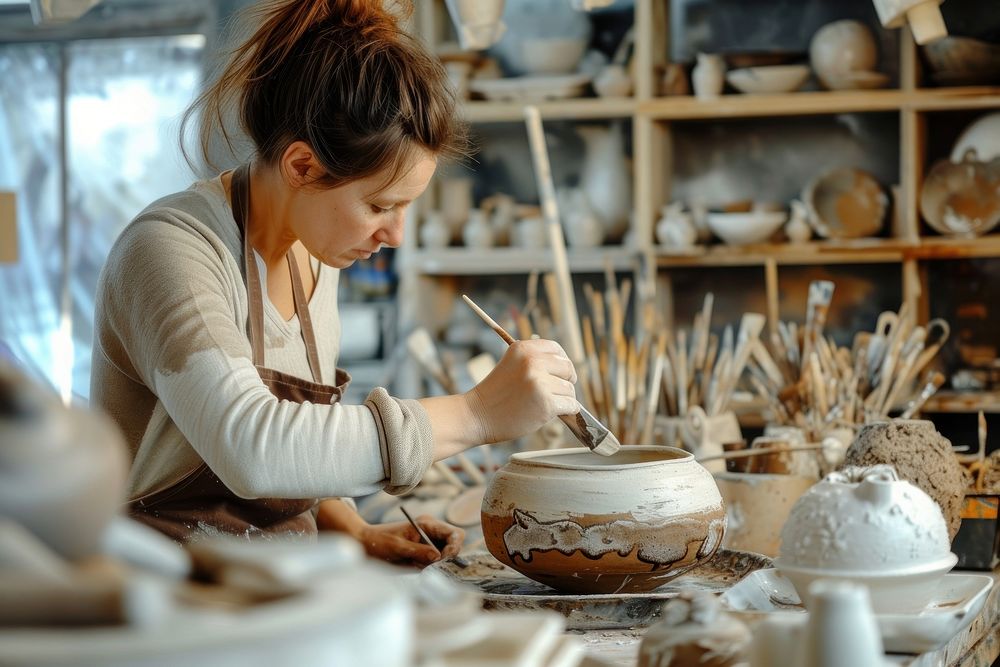 Women workshop a painting ceramics pottery brush adult.
