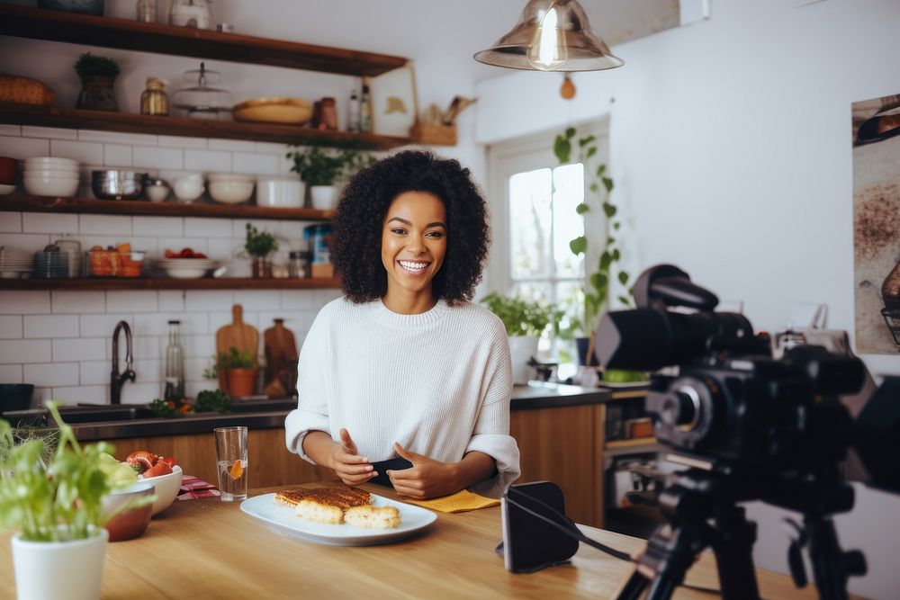 Woman live broadcasting cooking smile photo photography.