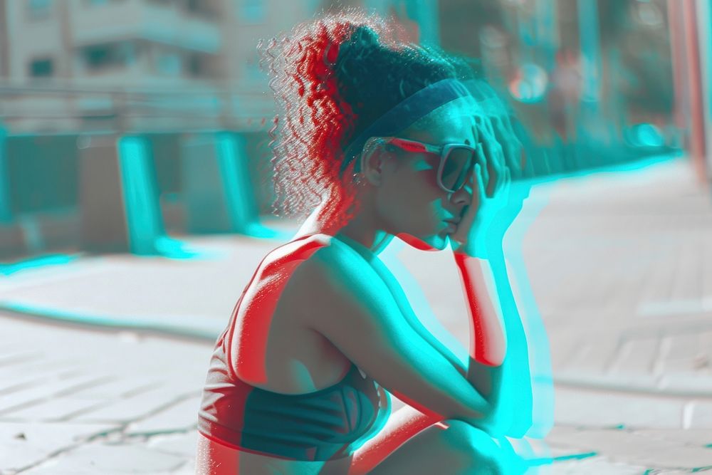Anaglyph Woman stretching before exercise glasses adult woman.