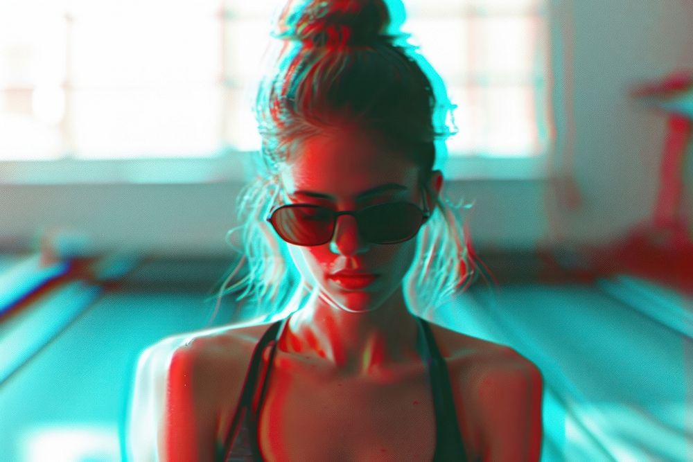 Anaglyph Woman stretching before exercise photography sunglasses portrait.