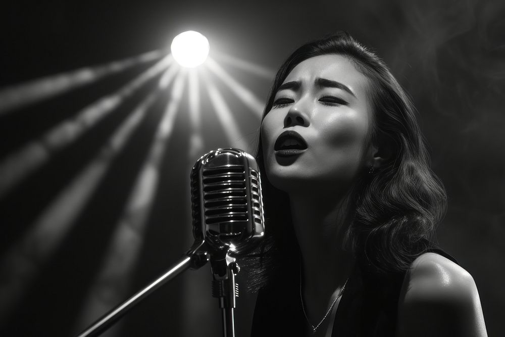 Asian woman microphone portrait lighting.