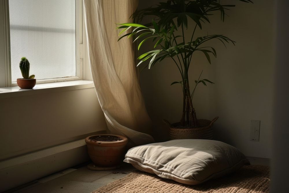 Cushion beside the room wall plant windowsill pillow.