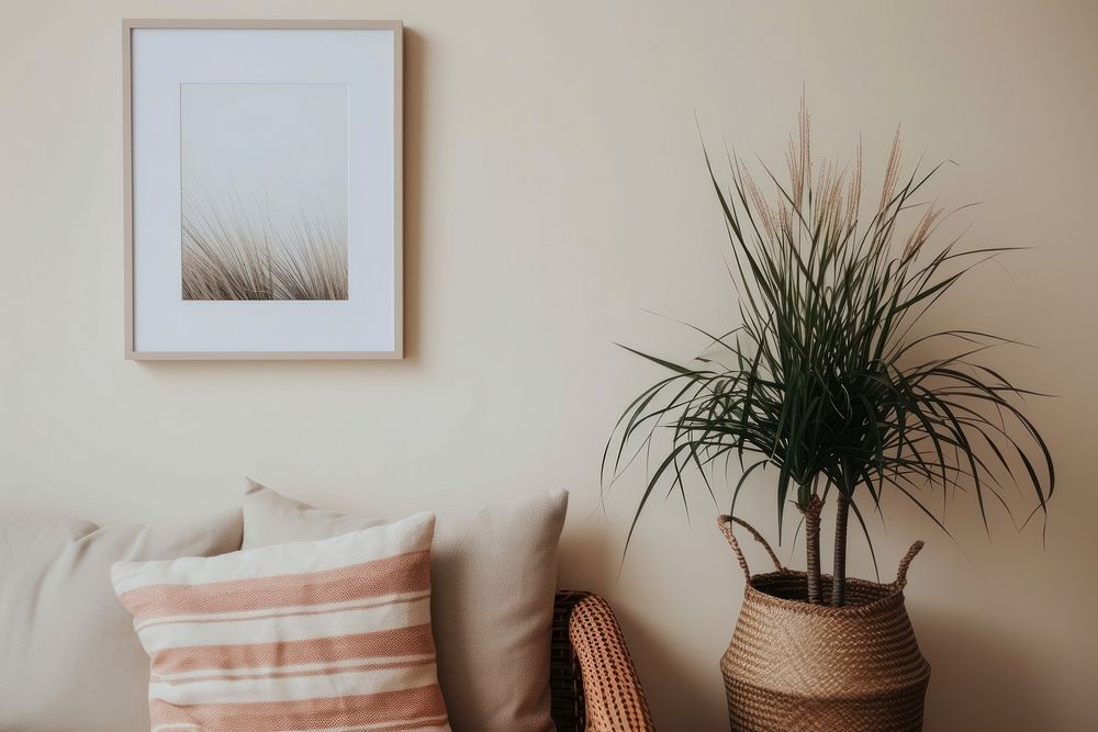 Cute art in frame beside the room wall cushion plant pillow.