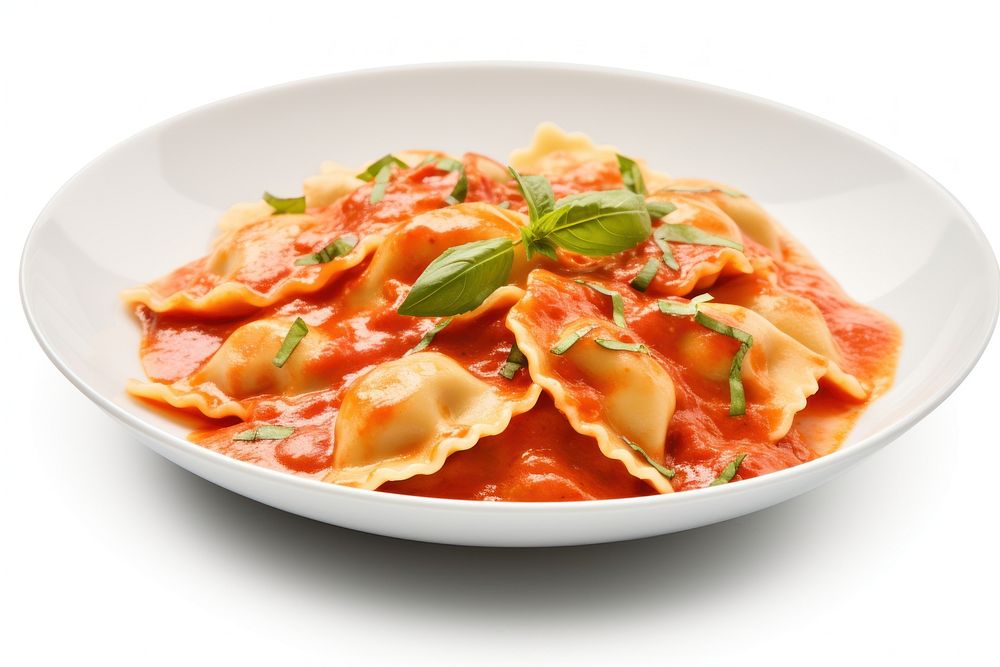Ravioli pasta tomato sauce food white background fettuccine.