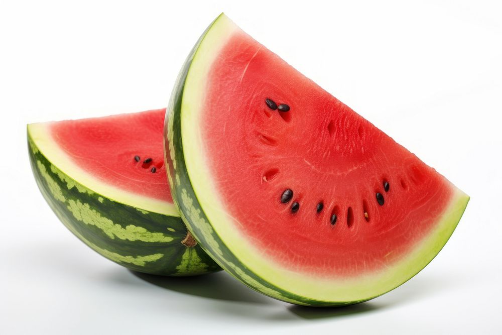 Half a cut ripe watermelon and a whole striped watermelon fruit plant food.