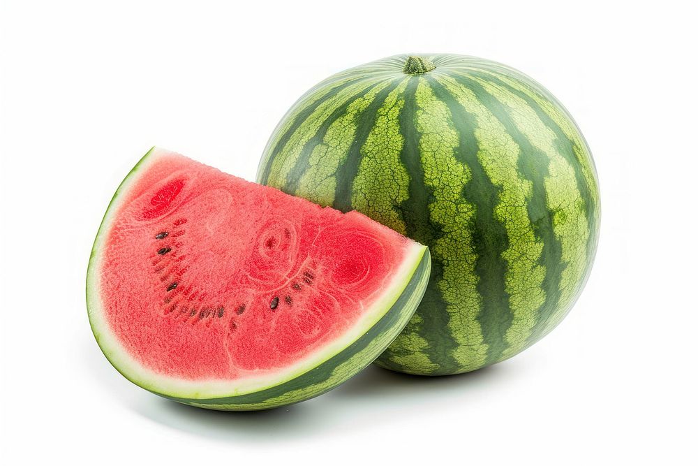 Half a cut ripe watermelon and a whole striped watermelon fruit plant food.