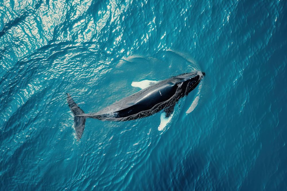 Aerial top view of whale swimming in the ocean animal fish underwater.