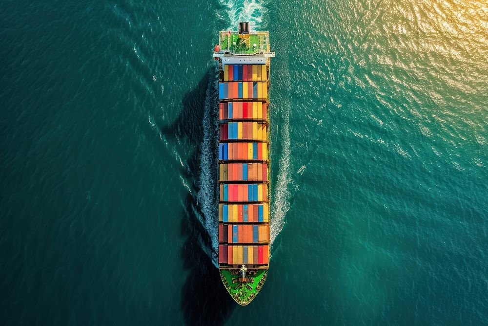 Aerial top view of cargo maritime ship outdoors shipping vehicle.