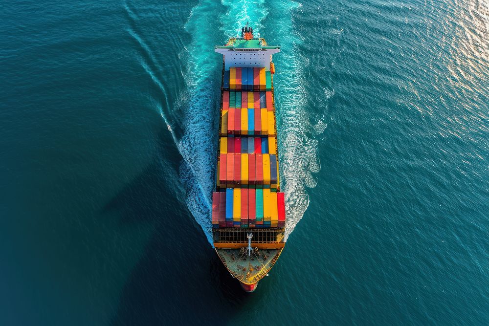 Aerial top view of cargo maritime ship shipping vehicle ocean.
