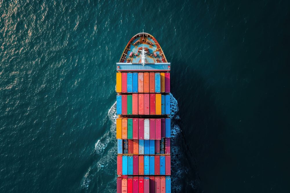 Aerial top view of cargo maritime ship container shipping ocean.